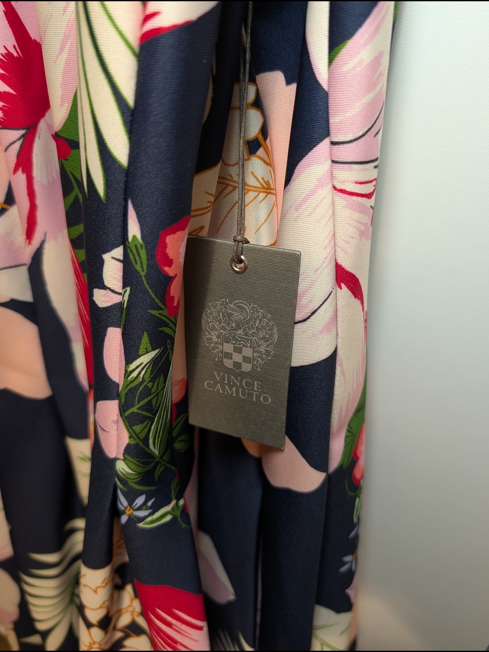 Vince Camuto Navy Floral Halter Midi Dress with Green Trim - Picture 5 of 9